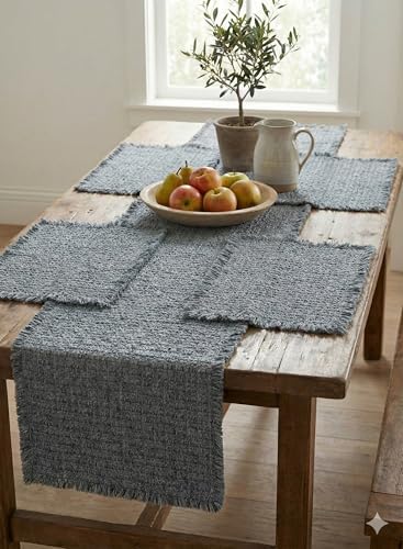 Textured Table Runner with Fringe, Gray, Cotton Woven Dining Table