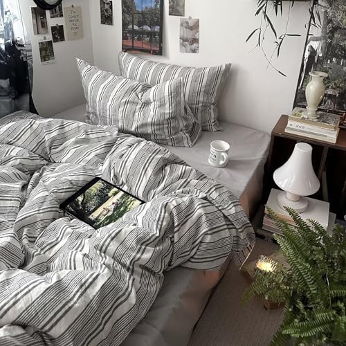 MKXI Twin XL Size Charcoal Grey & White Striped Duvet Cover Set