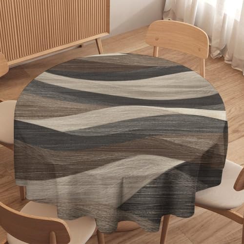 Round Tablecloth Rustic Wave Line, Washable Beige Texture Table Cover
