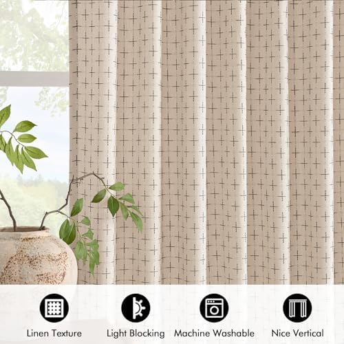 MIULEE Patterned Farmhouse Linen Curtains, Back Tab, 52Wx96L, Beige
