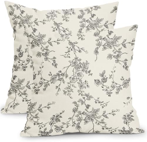 Floral Pillow Covers 20x20 Inch Black and Cream Outdoor Decorative
