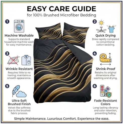 King Duvet Cover Set Soft Microfiber Abstract Golden Lines