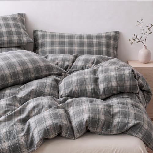Gray Plaid Duvet Cover Set Queen Size, Tartan Plaid Washed Cotton