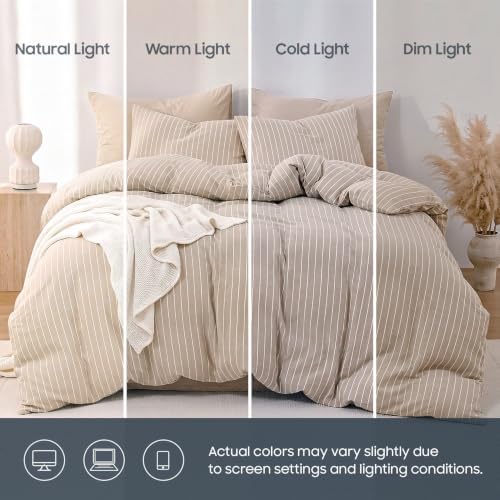 Wake In Cloud Striped Cotton Duvet Cover Set, Tan, Queen