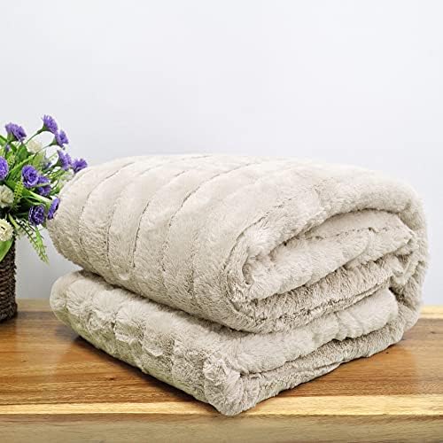 Stripe Faux Fur Throw Blanket with Sherpa Back, 50"x60", Beige