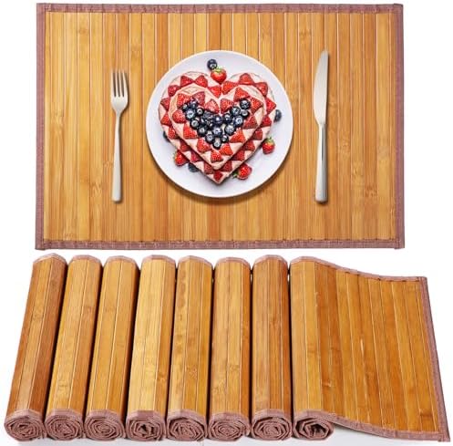 Hushee 8 Pcs Bamboo Placemats Dining Table Mats Washable Heat Place