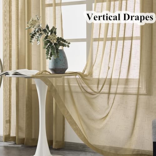 Tan Curtains Sheer 96 Inches Long Thin Textured Transparent Drapes