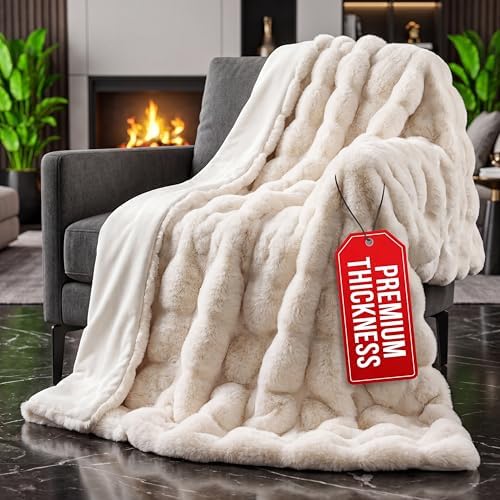 Soft Throw Blanket, 1000 GSM Faux Fur Bubble Blanket, Cream 50x60