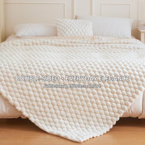 XeGe Luxury Bubble Fluffy Faux Rabbit Fur Bed Blanket King Size, Beige