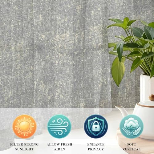 Gray Beige Linen Textured Sheer Curtains 63 Inch Long 2 Panels