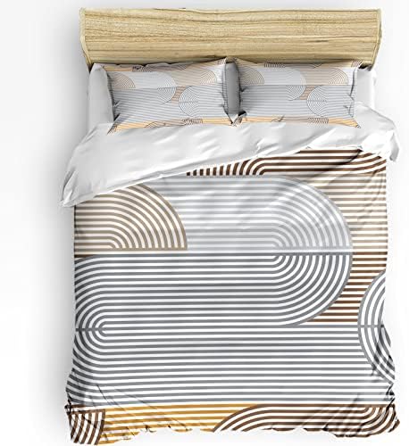 Duvet Cover Set Queen, Grey Stripes Abstract Geometric 3 Piece Bedding