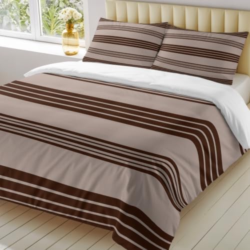 Duvet Cover King Size 3 Piece Bedding Set, Brown and Beige Stripe Soft