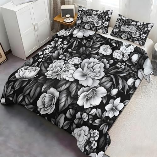 Florals Comforters Queen Size, Gray Flower Bedding Sets, Boho Floral