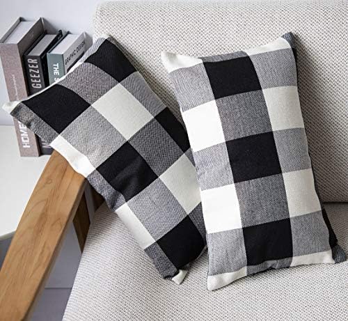 Fall Buffalo Plaid Throw Pillow Covers 12x20 Black and White Set of 2