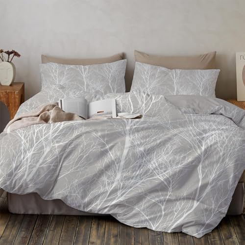 Duvet Cover Set King, Delicate Branches Forest Brushed Microfiber