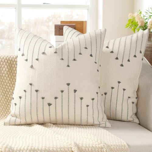 YCOLL Boho Outdoor Throw Pillow Covers 18x18 Set of 2 Neutral Woven