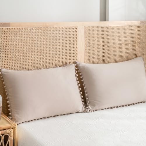 Taupe Pom Poms Pillowcases King, Khaki Tan Pillowcases Set of 2, 100%