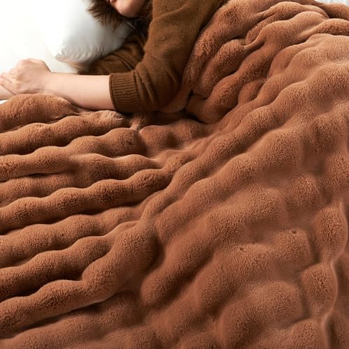 Bubble Rabbit Faux Fur Throw Blanket Reversible to Cozy Velvet, 750gsm