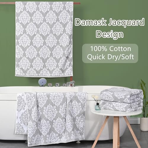 Grey and White Bath Towels, 28"x52" - 100% Cotton | Quick Dry | Soft