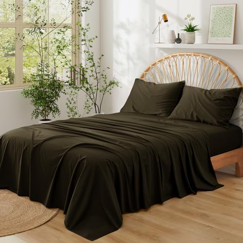 Entisn Pure Cotton Sheets Full 4-Pc Set, 400TC, 16" Pocket, Chocolate