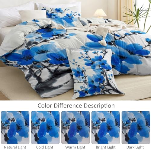 Light Gray Duvet Cover Set King Size, Plant Minimalist Branch Blue