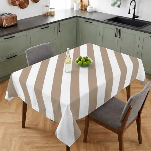 Country Taupe White Stripe Waterproof Tablecloth Rectangle Washable