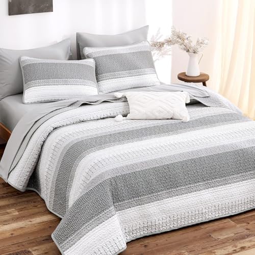 Wake In Cloud - Striped Quilt Set, Farmhouse Coastal Neutral Boho