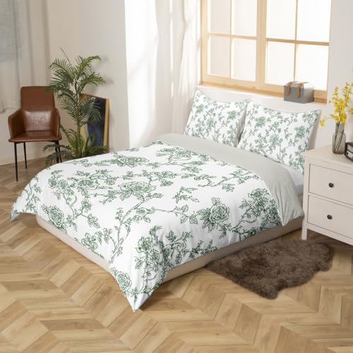 Grey Green Duvet Cover King Size,Floral Botanical Flowers Soft Bedding