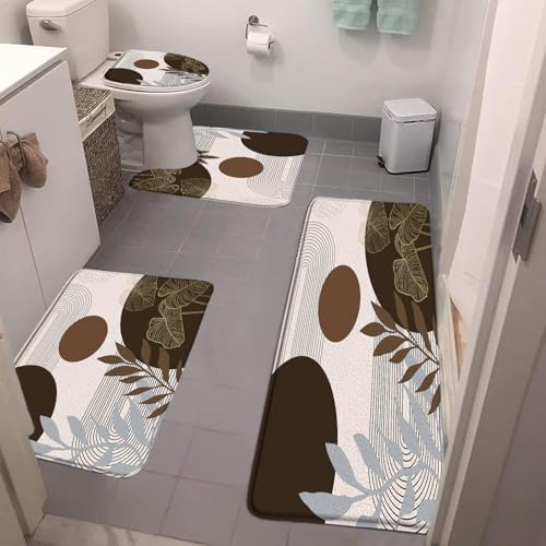 4 Pieces Brown Abstract Bathroom Rug Sets Boho Mid Century Morden