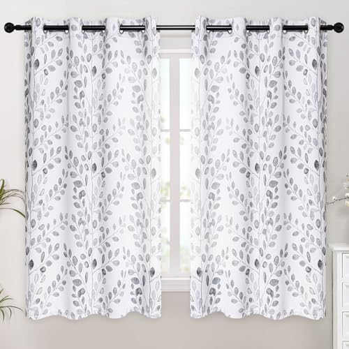 MYSKY HOME Grey Leaf Curtains 63 Inch Length for Bedroom Grommet 2