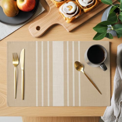 Taupe Stripe Placemats Set of 4, Cotton Linen Fabric Place Mats