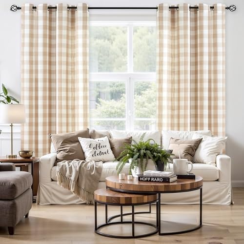 Jubilantex Buffalo Check Semi Sheer Curtain Panels Tan White Gingham