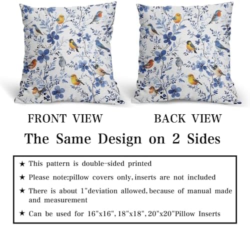 Bird Floral Pillow Covers 22x22inch, Watercolor Navy Blue Flowers