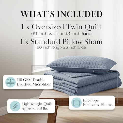 Oversized Twin Quilt Set with 1 Quilted Pillow Sham, Slate Blue Quilts