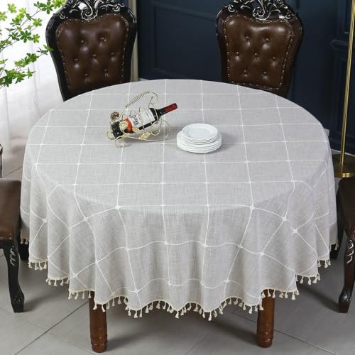 Living Room Table Cloth Round 70 inch, Linen Look with Stripes