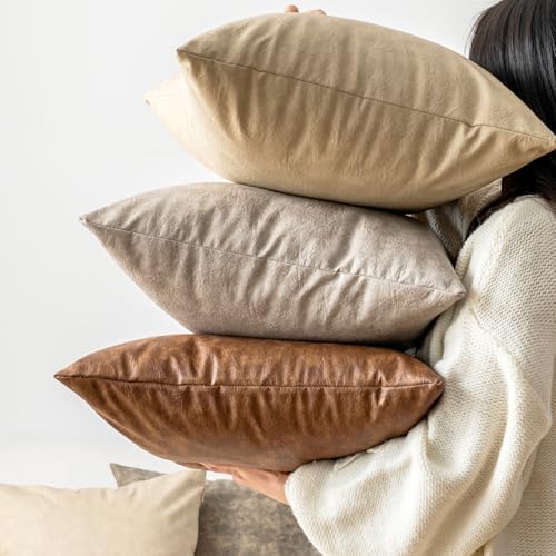 GEGELICA Pack of 4 Neutral Decorative Faux Leather Throw Pillow Covers