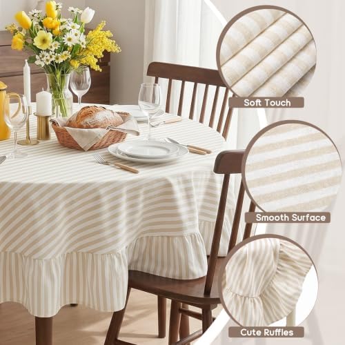 Mindsoft Beige Striped Ruffled Round Tablecloth 70 x 70 Inches