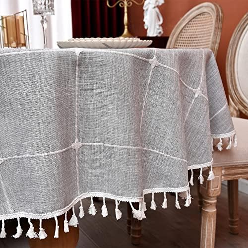 Plaid Farmhouse Gray Oval Tablecloth Cotton Linen Heavy Weight