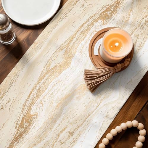 Beige Marble Burlap Cotton Table Runner 72 Inches Long, Chic Neutral