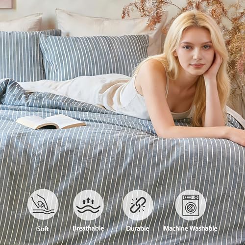 QKTE Striped 100% Washed Cotton Duvet Cover Set King Size 3Pcs