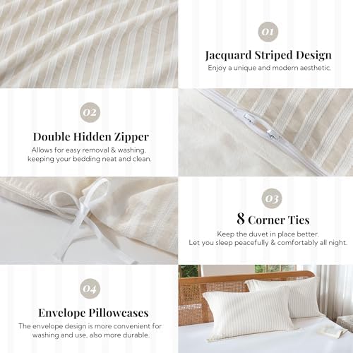 MILDLY Jacquard Striped Duvet Cover Set 2pcs Dual Zipper Beige Twin