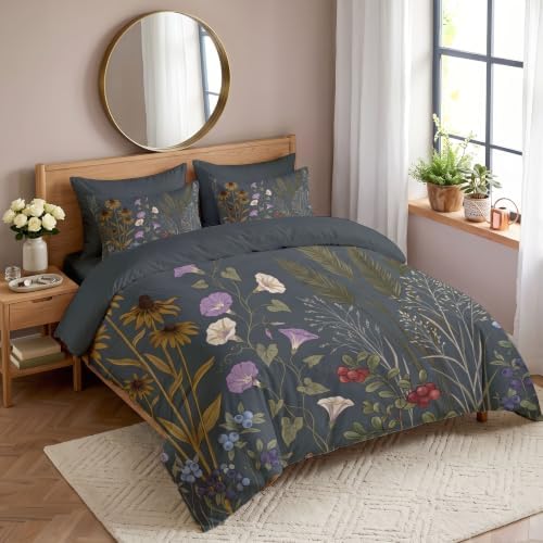 Retro Pastoral Reversible Grey Duvet Cover Set King Size