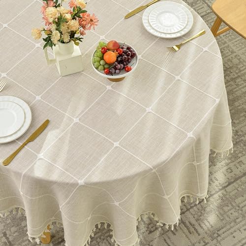 Lattice Embroidery Plaid Round Tablecloth with Tassel, Round 70 Inch