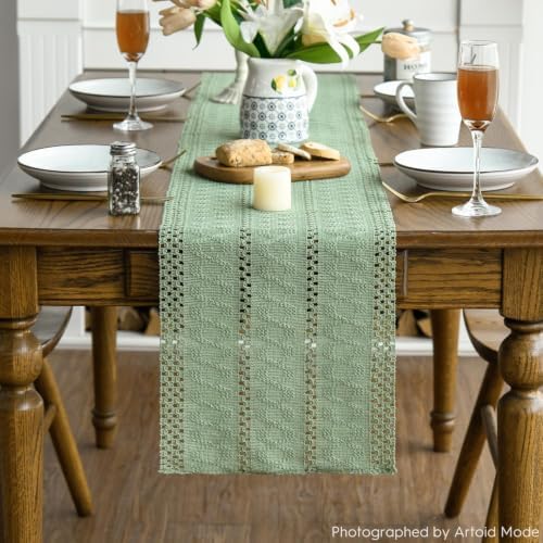Artoid Mode Light Green Woven Farmhouse Hollow Table Runner 12x120
