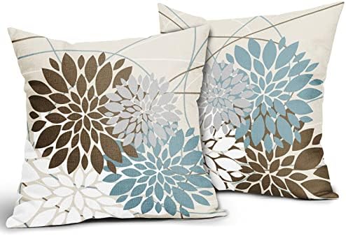 Brown Blue White Grey Gray Flower Pillow Covers 22x22 Set of 2 Dahlia