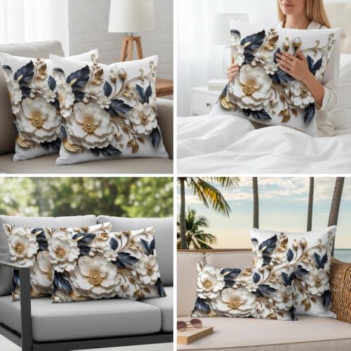 Cream Gold Flowers Lumbar Pillow Covers 12 x 20 Inch Pillow Covers Set