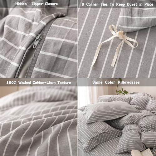 3Pcs Grey White Striped Queen Duvet Cover Set Washed Cotton