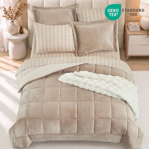 Plush Queen Comforter Set Light Taupe Flannel Velvet Bedding Sets