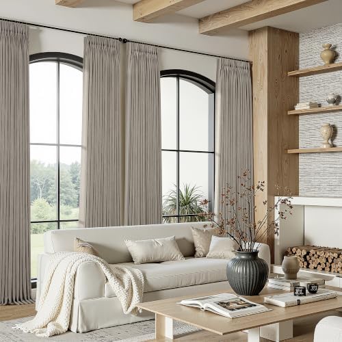 Grey Beige Pleated Linen Curtains 120 Inch Length 2 Panels Set Semi