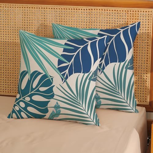AGAYNA Tropical Pillow Covers 22x22 Navy Blue Aqua Teal Cyan Palm